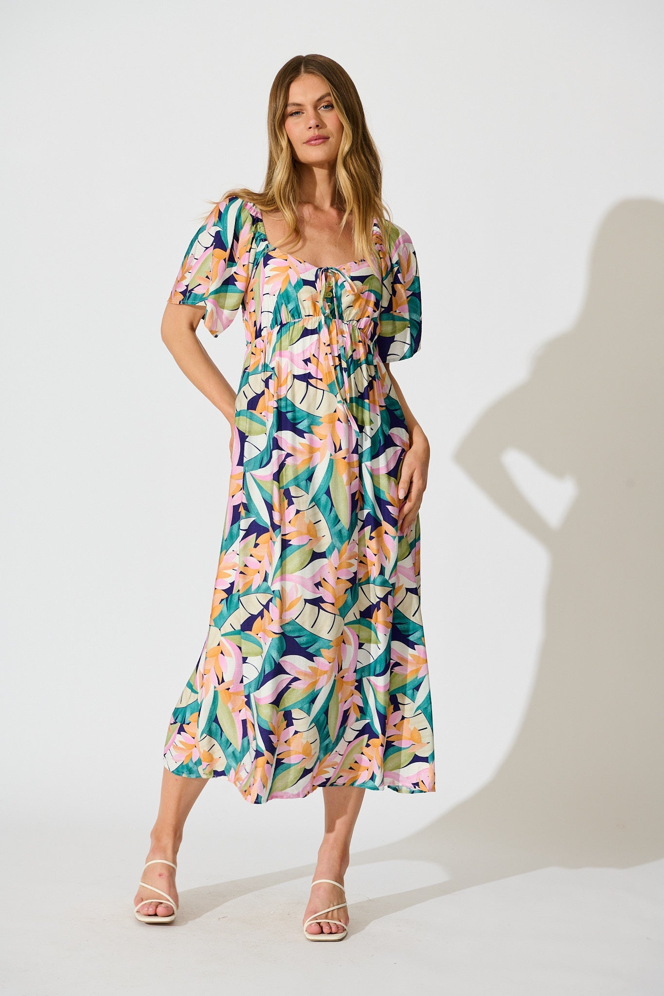 Anemone Midi Dress in Multi Leaf Print