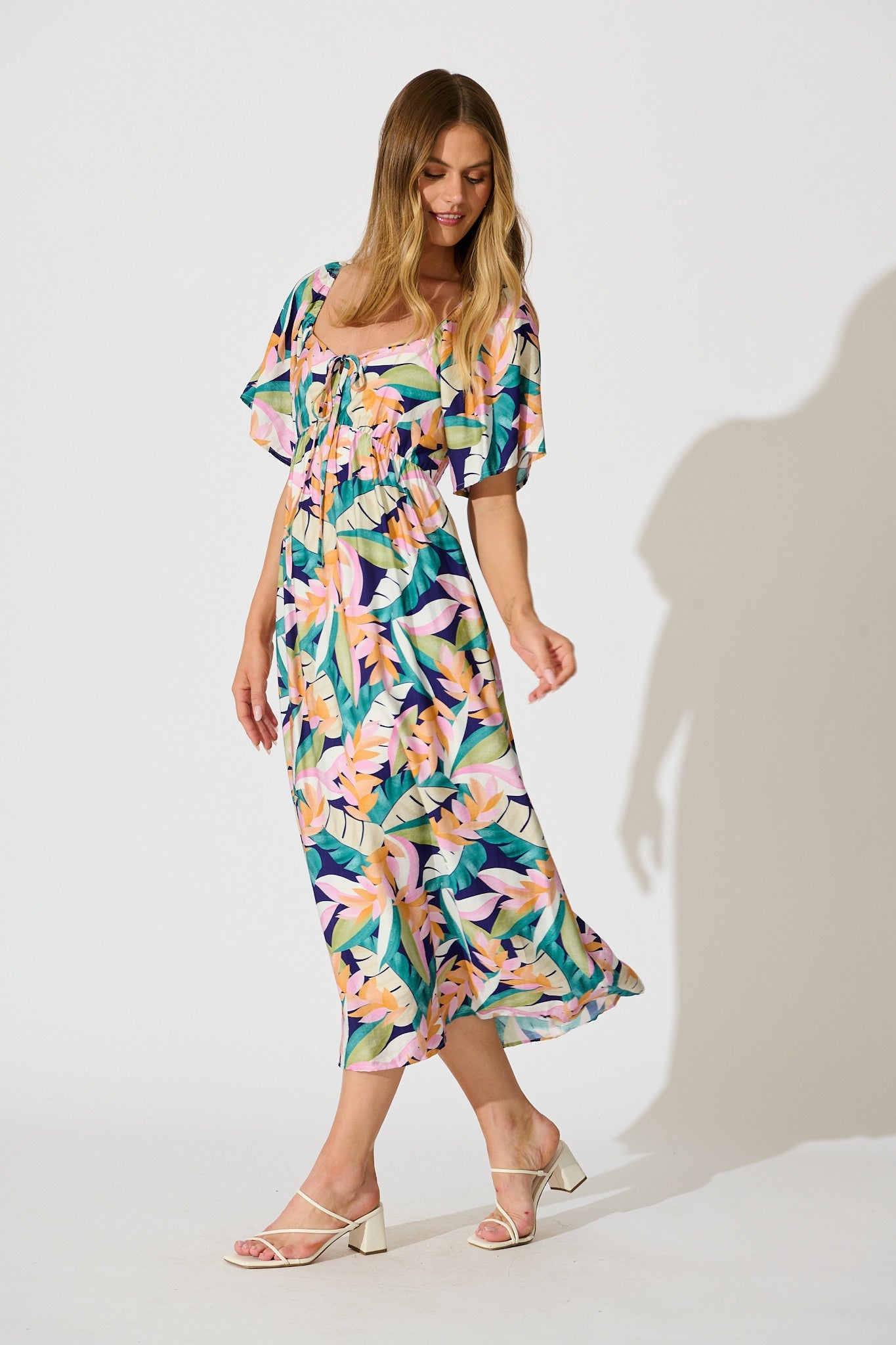 Anemone Midi Dress in Multi Leaf Print