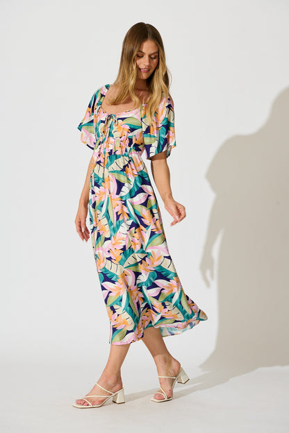 Anemone Midi Dress in Multi Leaf Print