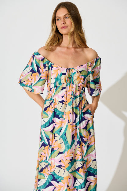 Anemone Midi Dress in Multi Leaf Print