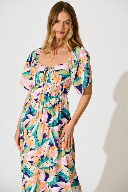 Anemone Midi Dress in Multi Leaf Print