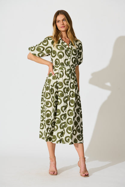 Asazie Midi Shirt Dress in White with Green Print