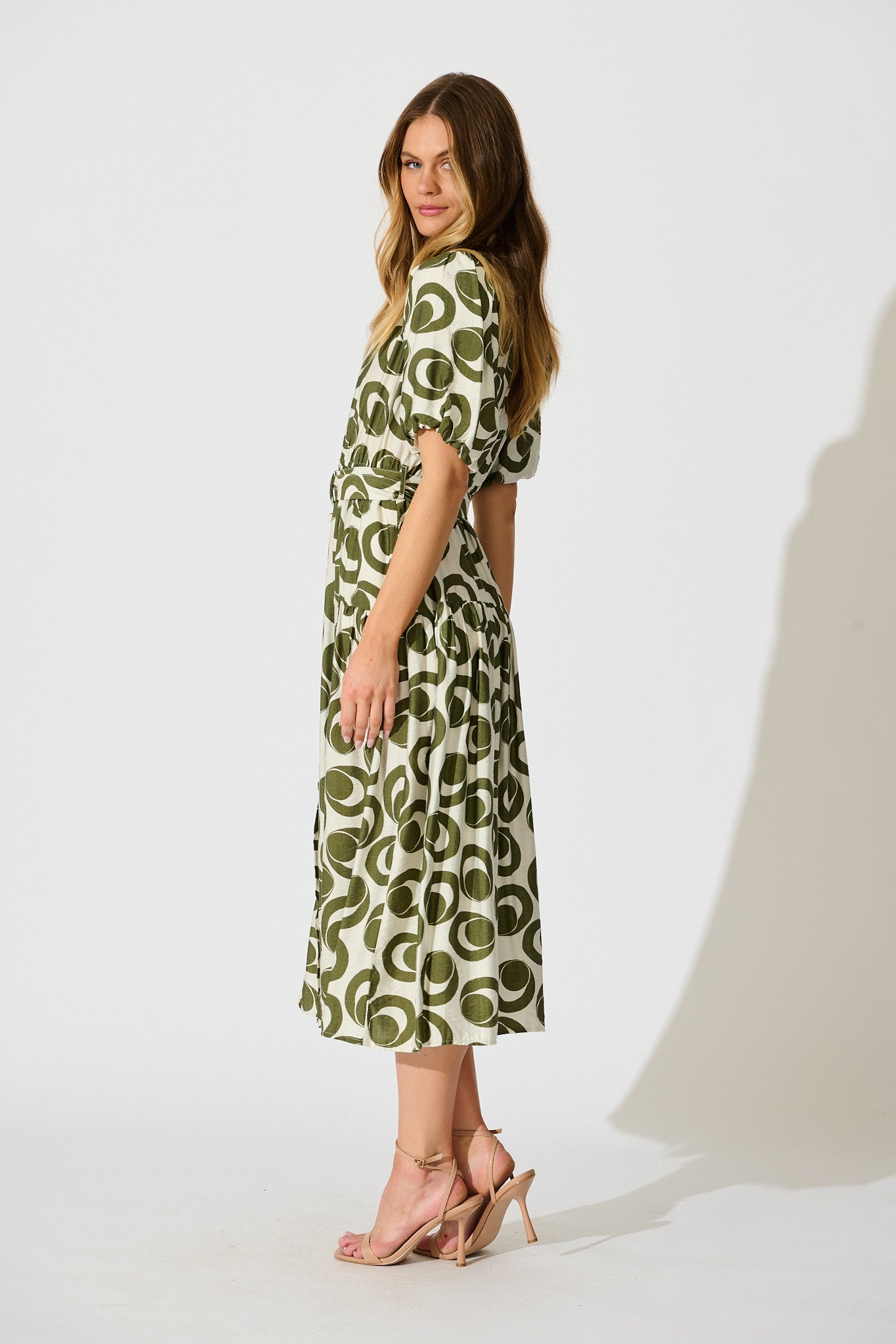 Asazie Midi Shirt Dress in White with Green Print
