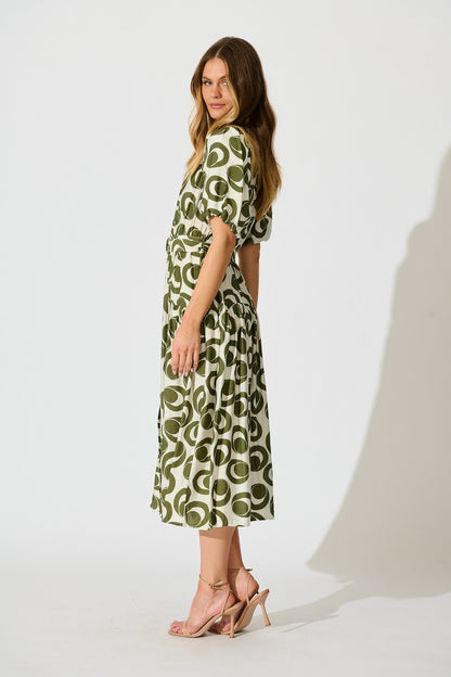 Asazie Midi Shirt Dress in White with Green Print