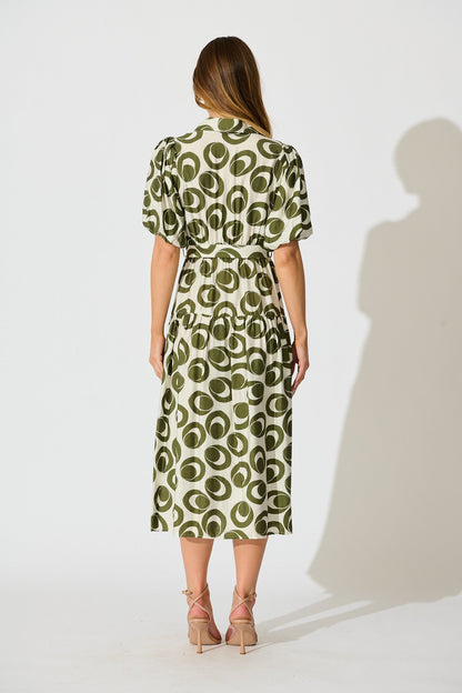 Asazie Midi Shirt Dress in White with Green Print