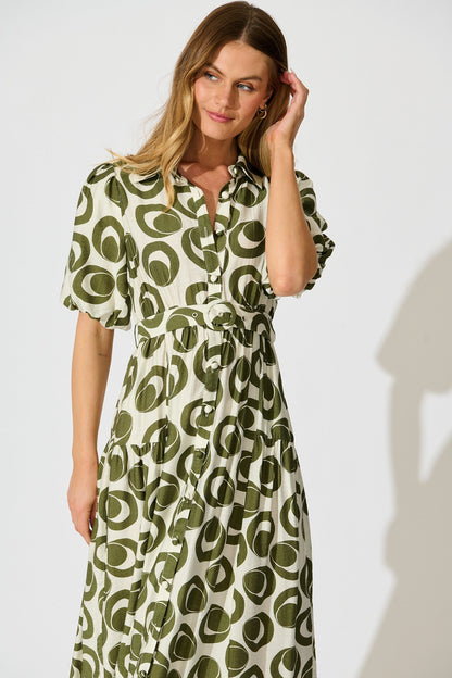 Asazie Midi Shirt Dress in White with Green Print