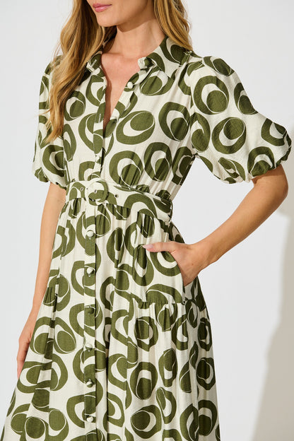 Asazie Midi Shirt Dress in White with Green Print