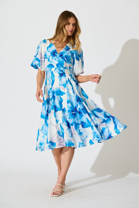 Callista Midi Dress in White with Blue Floral