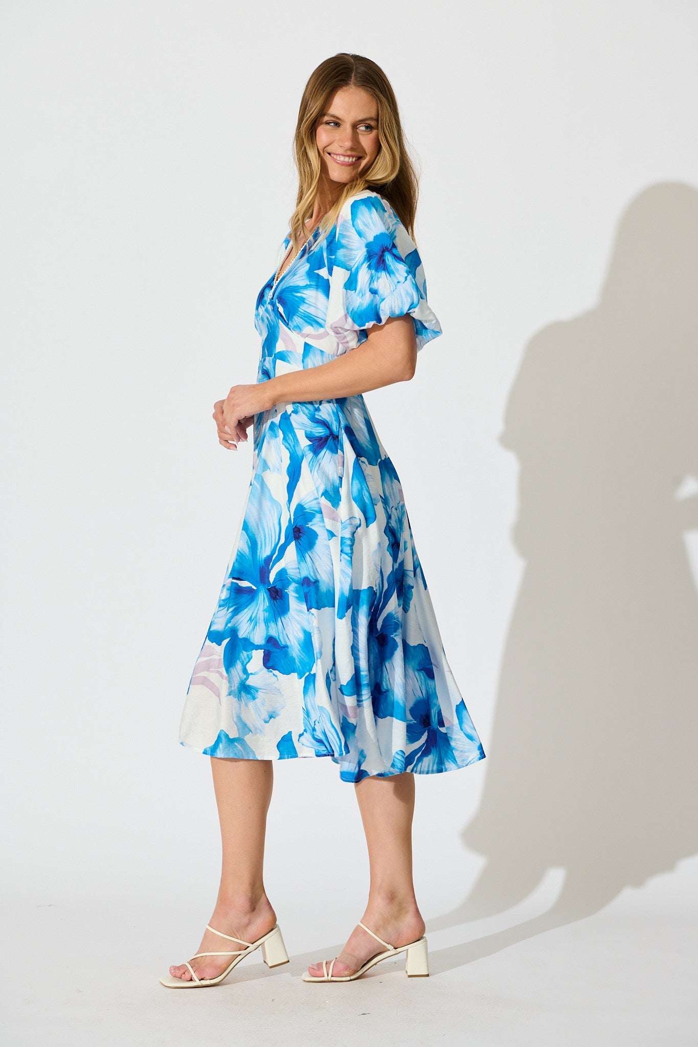 Callista Midi Dress in White with Blue Floral