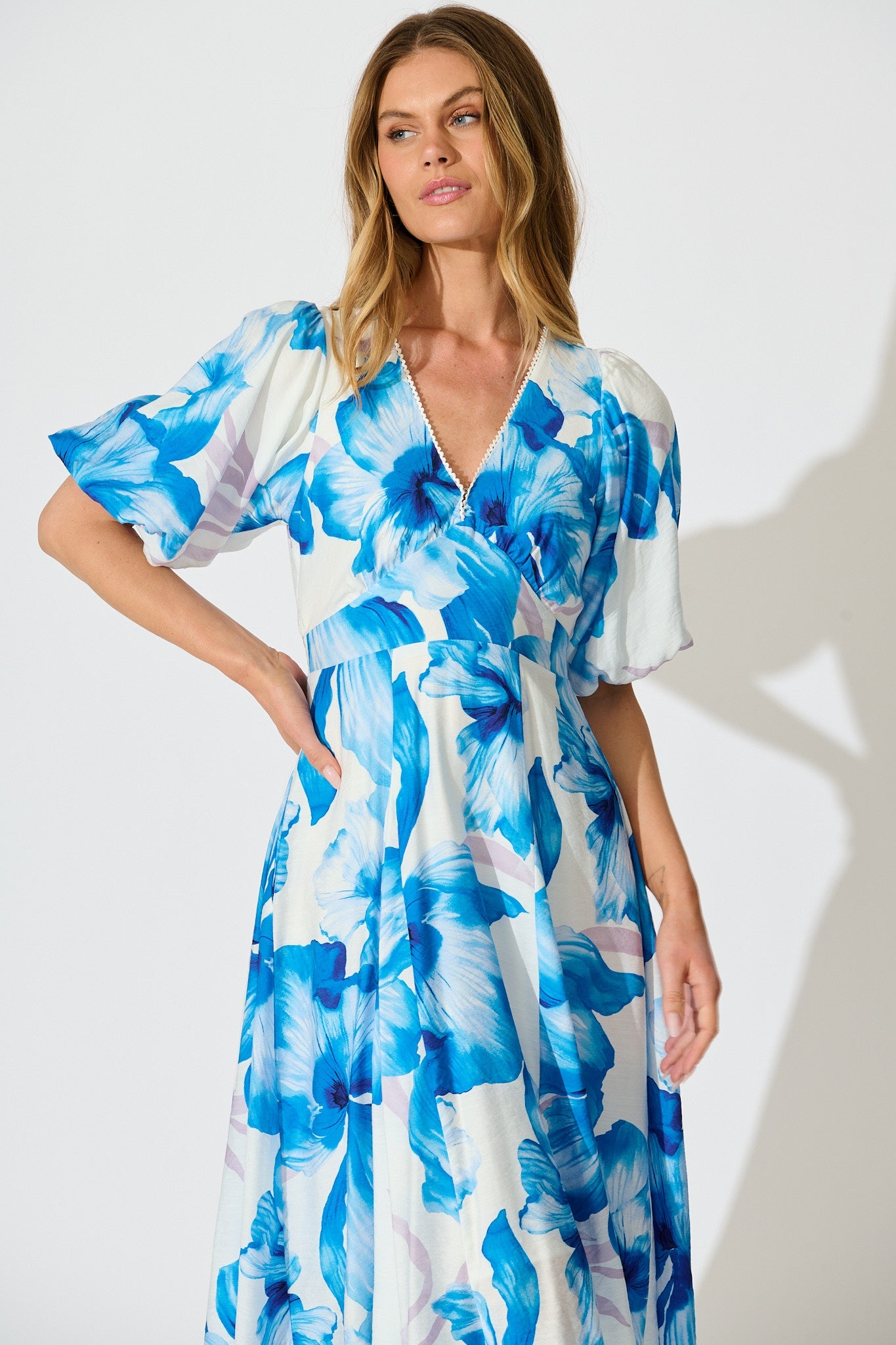 Callista Midi Dress in White with Blue Floral