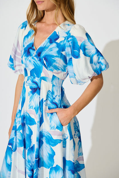 Callista Midi Dress in White with Blue Floral