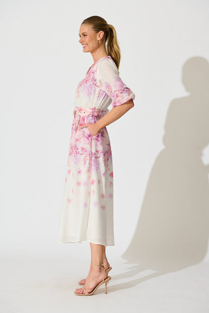 Elaria Maxi Dress in White with Purple Floral Cotton Blend