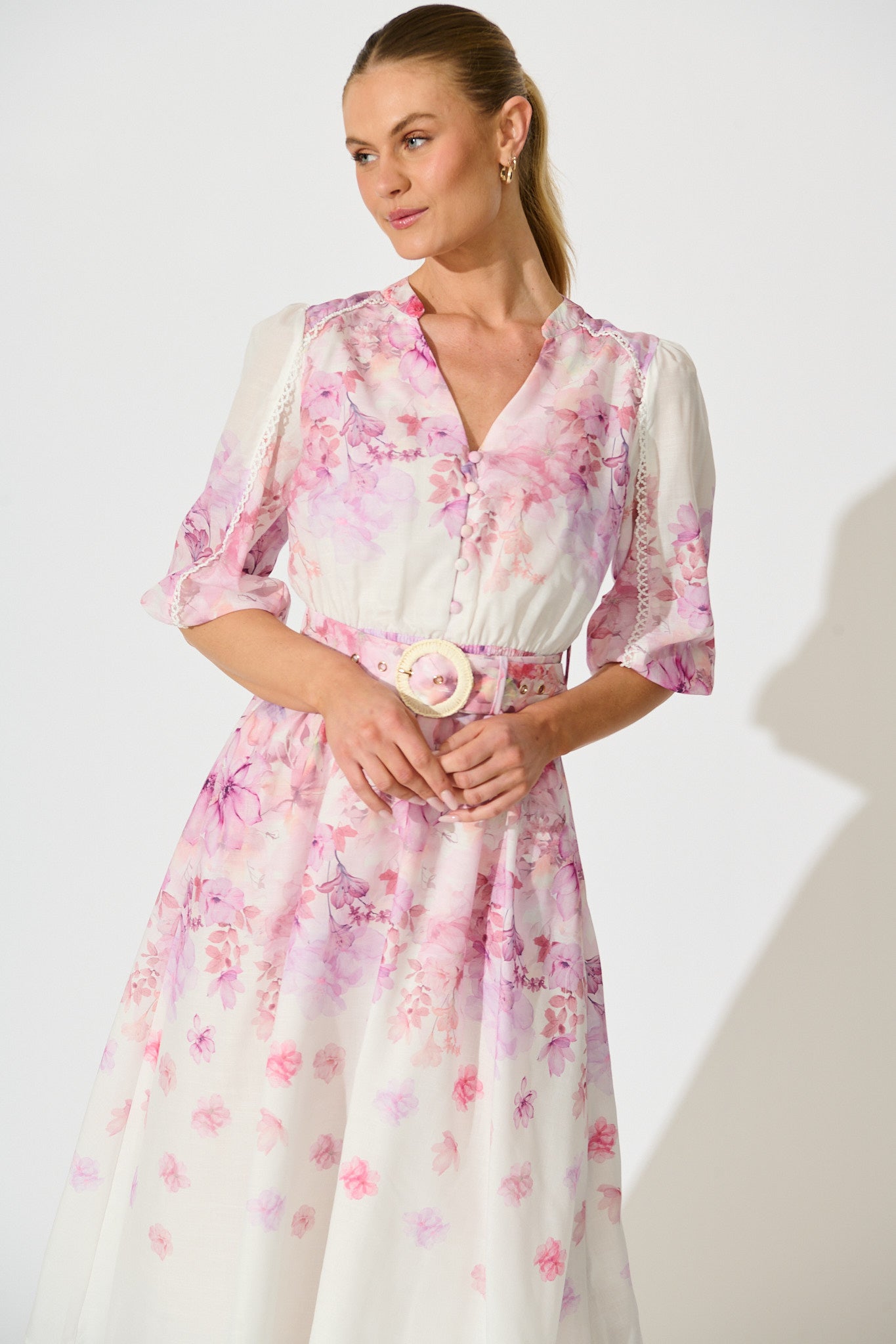 Elaria Maxi Dress in White with Purple Floral Cotton Blend
