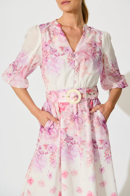 Elaria Maxi Dress in White with Purple Floral Cotton Blend