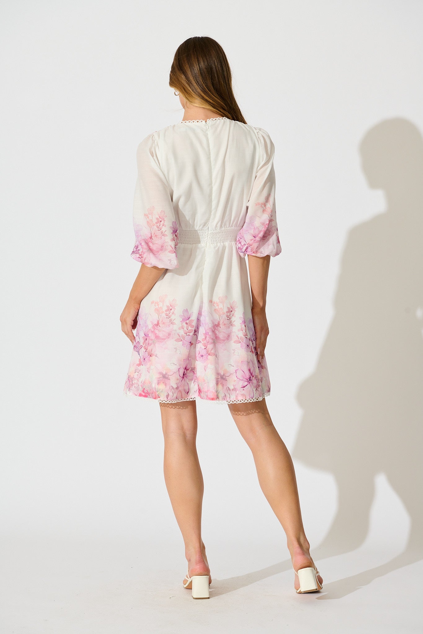 Fenella Dress in White with Purple Floral Cotton Blend
