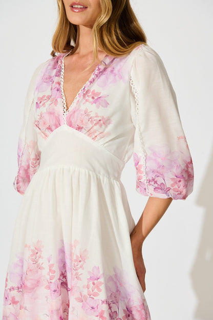 Fenella Dress in White with Purple Floral Cotton Blend