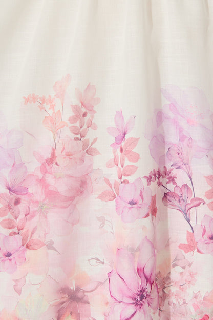 Fenella Dress in White with Purple Floral Cotton Blend
