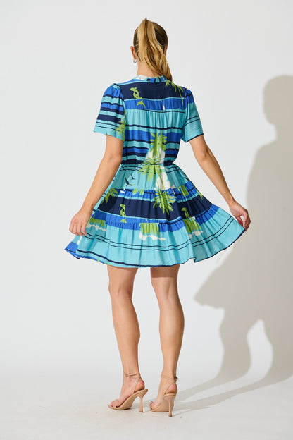 Lavender Dress in Blue with Green Palm Tree Print