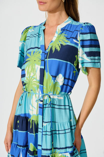 Lavender Dress in Blue with Green Palm Tree Print