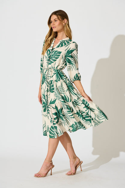 Charmaine Midi Dress in Cream with Green Print