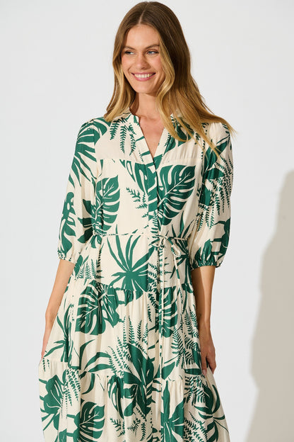 Charmaine Midi Dress in Cream with Green Print