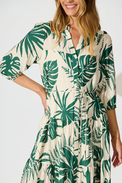Charmaine Midi Dress in Cream with Green Print