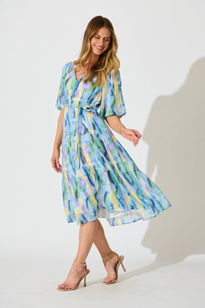 Heloise Midi Dress in Blue Print