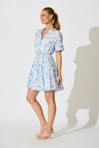 Bluma Dress in White with Blue Leaf Print