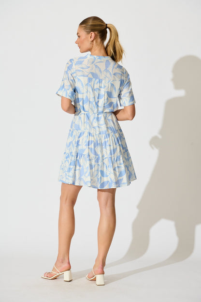 Bluma Dress in White with Blue Leaf Print
