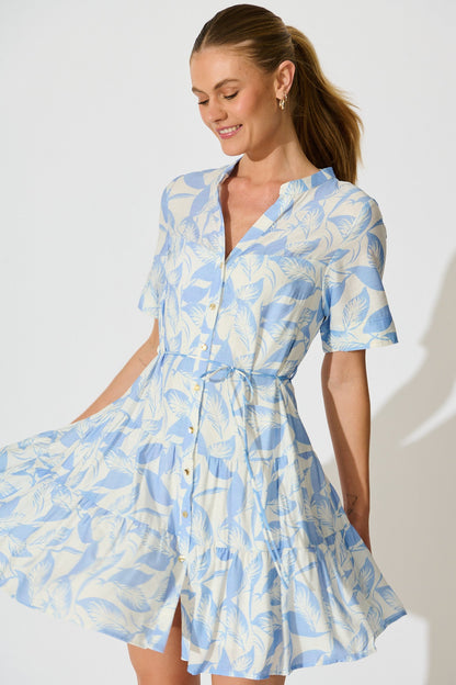 Bluma Dress in White with Blue Leaf Print