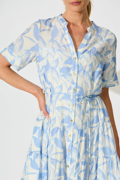 Bluma Dress in White with Blue Leaf Print