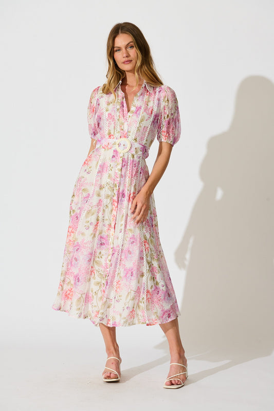 Safiya Maxi Shirt Dress in White with Pink Floral