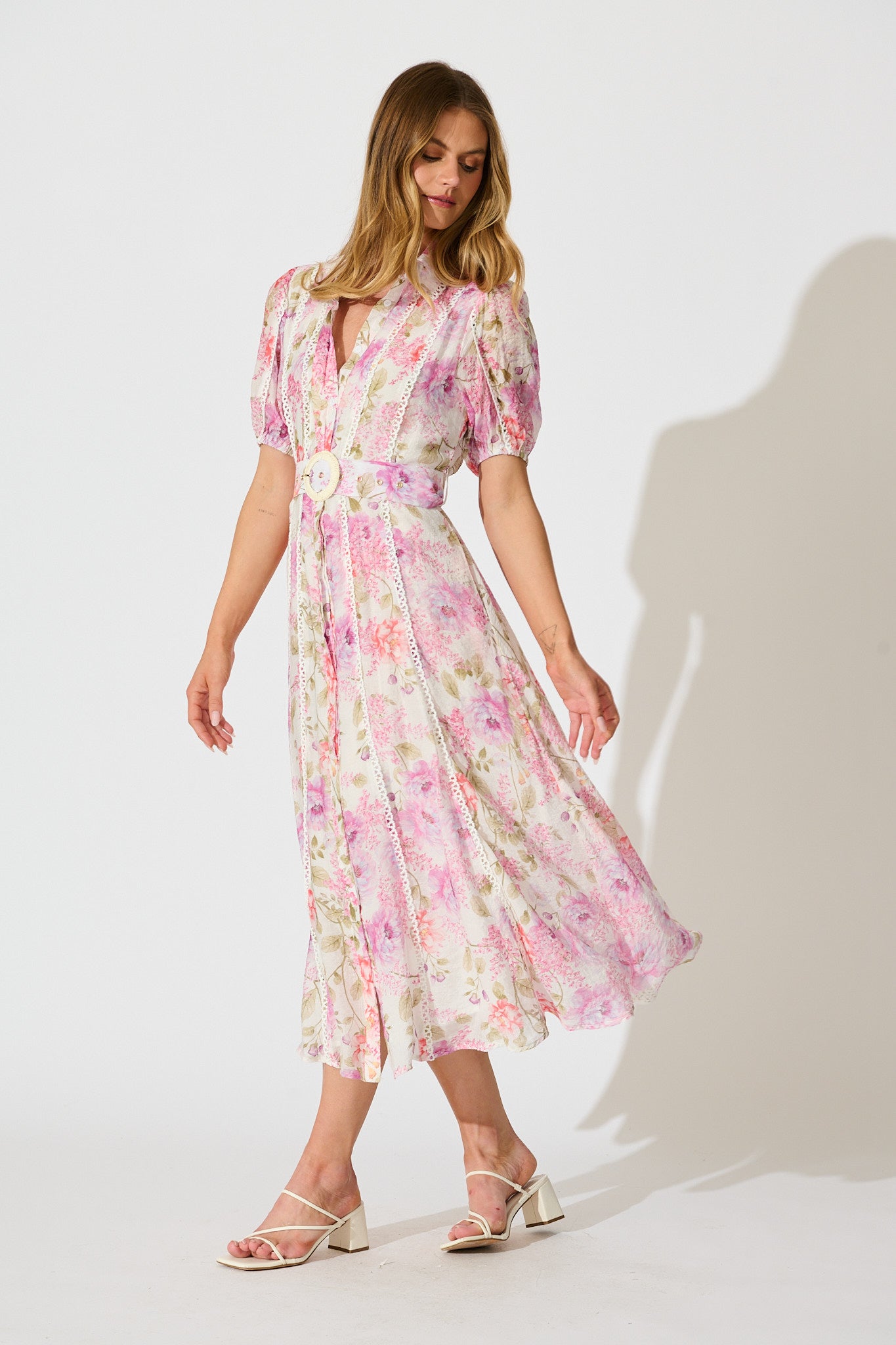 Safiya Maxi Shirt Dress in White with Pink Floral