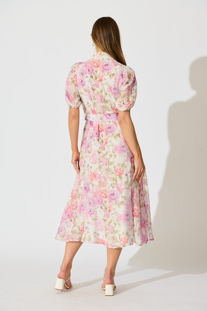 Safiya Maxi Shirt Dress in White with Pink Floral