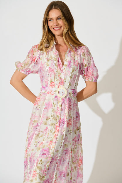 Safiya Maxi Shirt Dress in White with Pink Floral