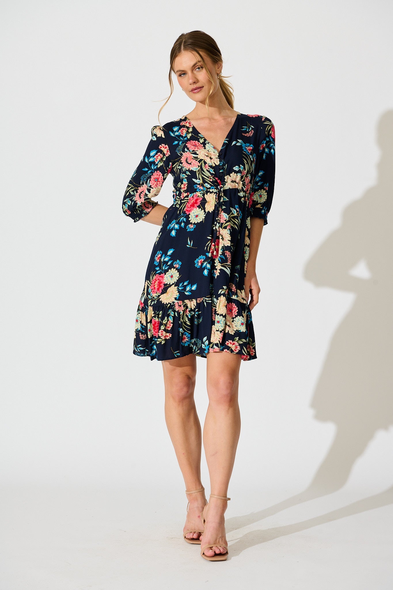 Undine Dress in Navy with Multi Floral