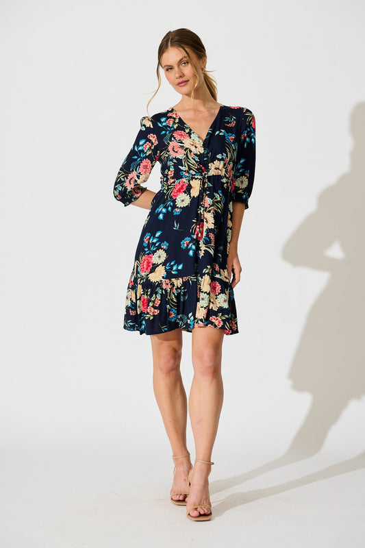 Undine Dress in Navy with Multi Floral