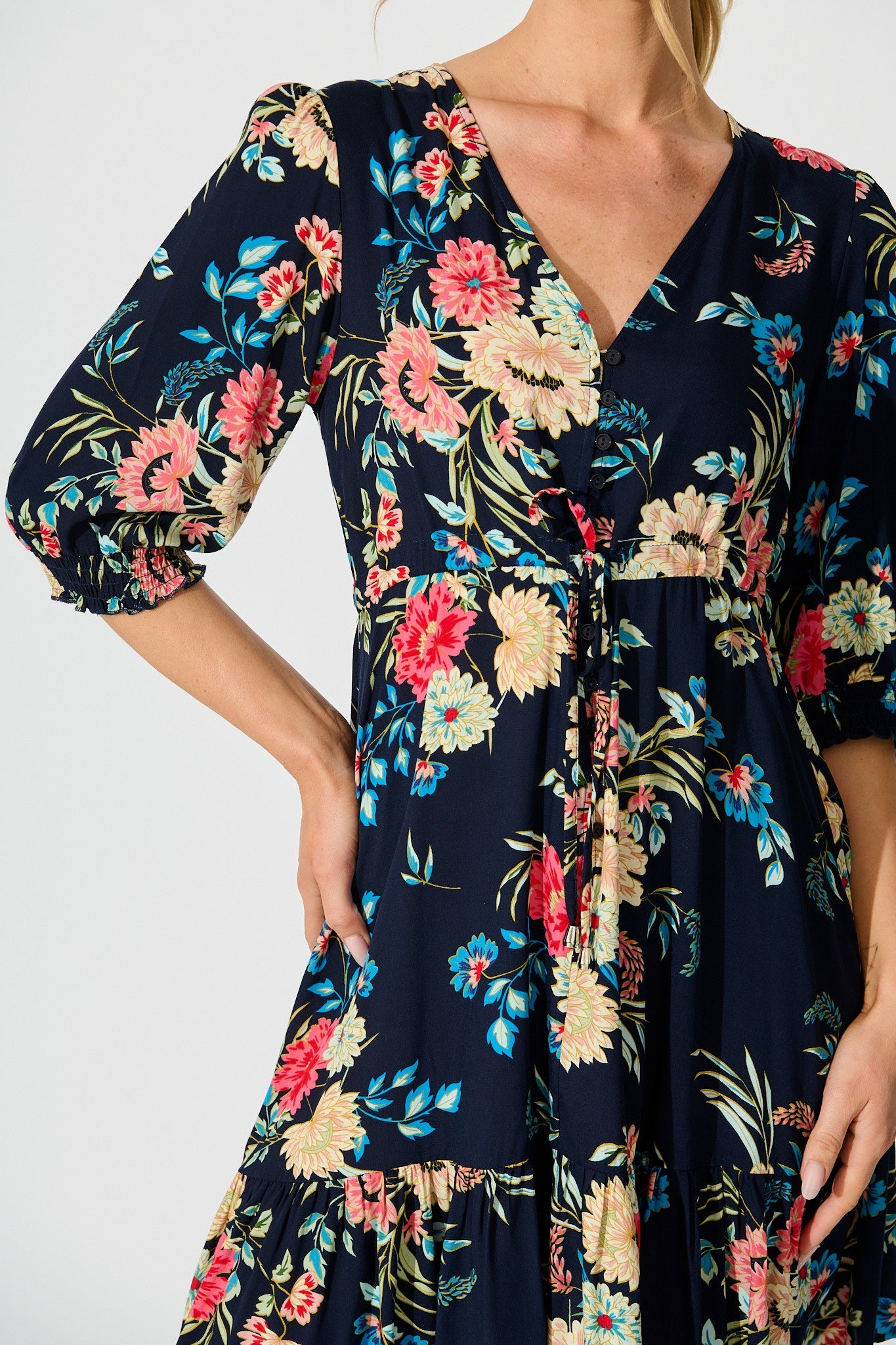 Undine Dress in Navy with Multi Floral