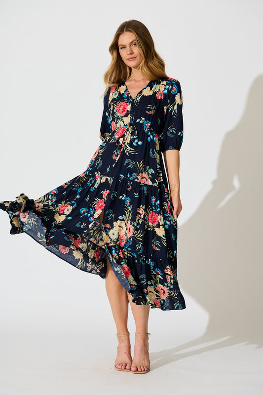 Jolanta Midi Dress in Navy with Multi Floral