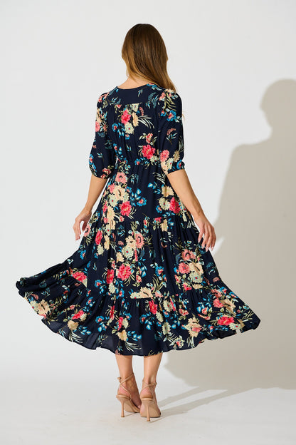 Jolanta Midi Dress in Navy with Multi Floral