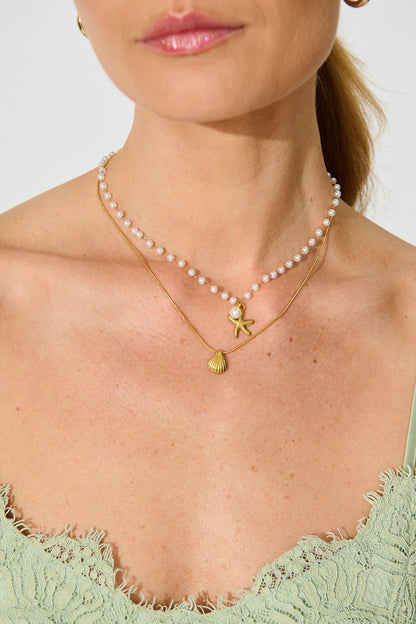 Palm Cove Double Layered Necklace in Gold with Pearl