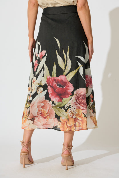 Faelina Maxi Skirt in Black with Floral Print Linen Blend