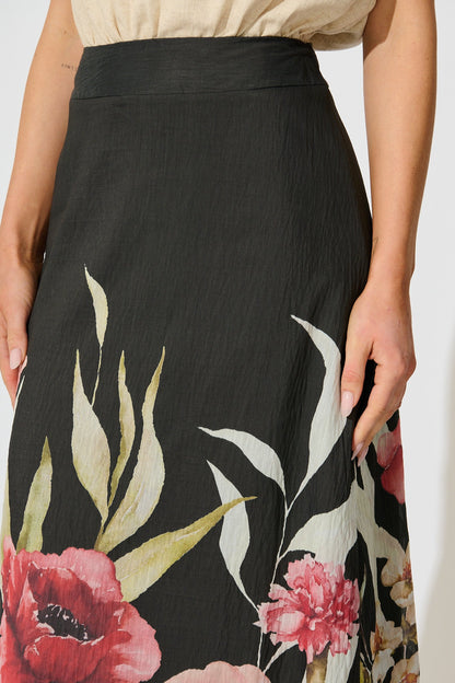 Faelina Maxi Skirt in Black with Floral Print Linen Blend
