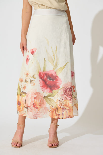 Faelina Maxi Skirt in White with Floral Print Linen Blend