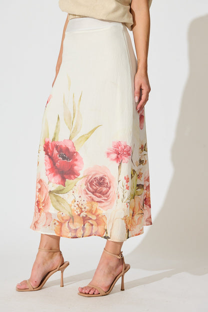 Faelina Maxi Skirt in White with Floral Print Linen Blend