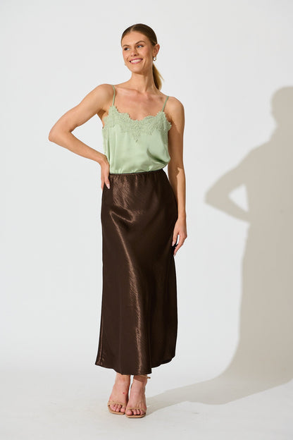 Satin Poise Midi Skirt in Chocolate