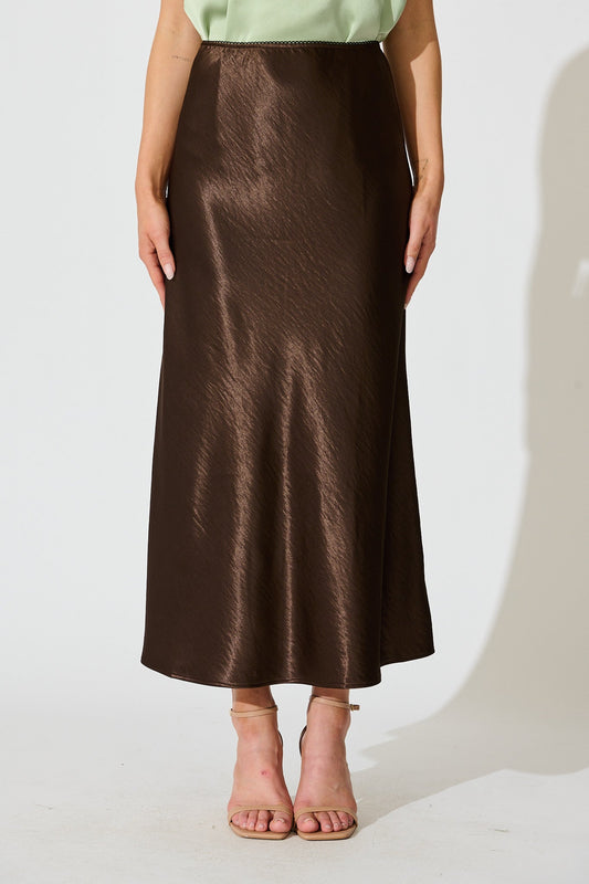 Satin Poise Midi Skirt in Chocolate