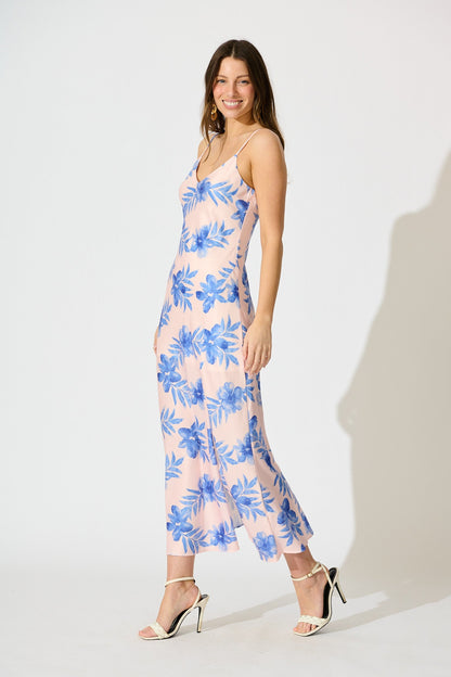 Alliana Maxi Sundress in Blush with Blue Floral Print