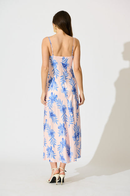 Alliana Maxi Sundress in Blush with Blue Floral Print
