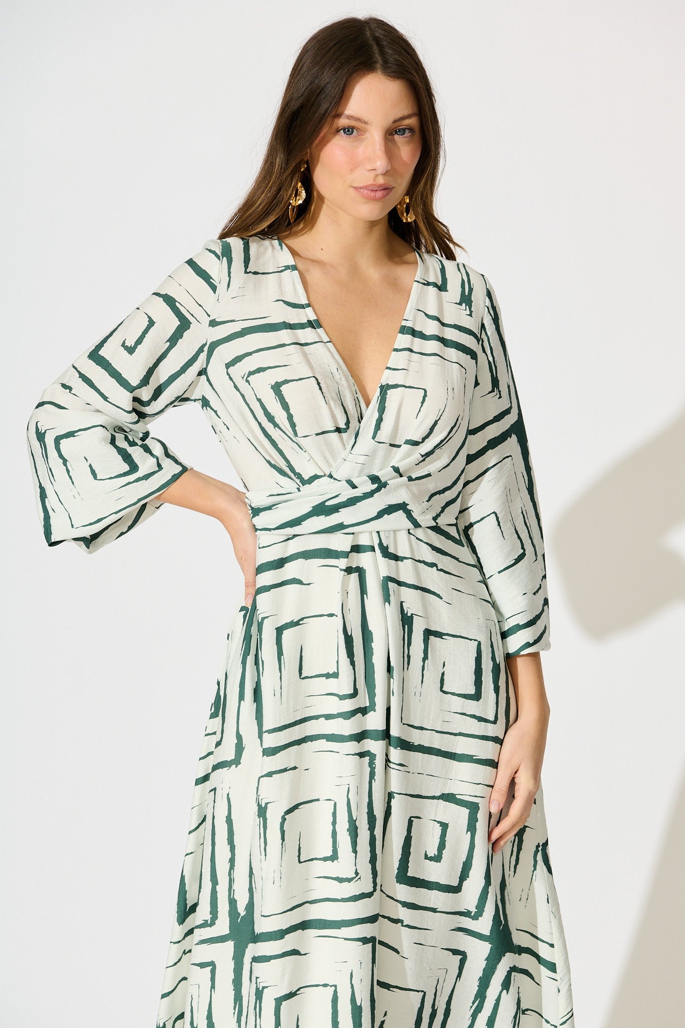Suzanna Midi Dress in White Geometric Print